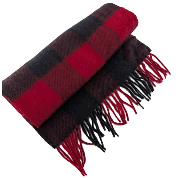 Red Black Cashmere Scarf Buffalo Plaid Check - Picture 7 of 7